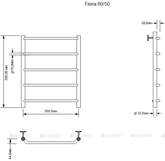 Полотенцесушитель водяной Aquanet Fiona 50x60 см