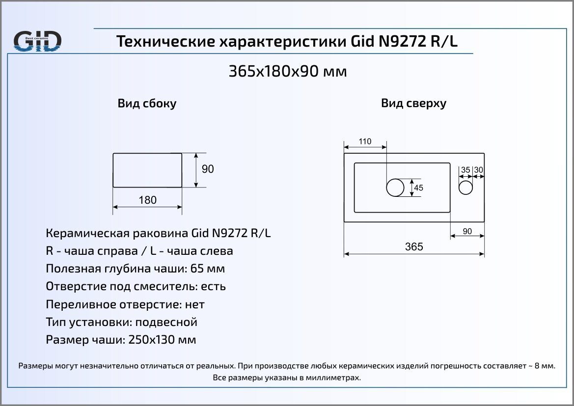 Раковина Gid N9272R 36.5 см правая