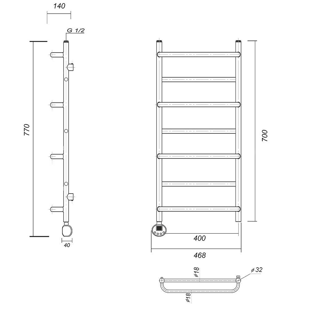 Полотенцесушитель электрический Domoterm Орфей П7 400x700 EL, ТЭН слева, хром