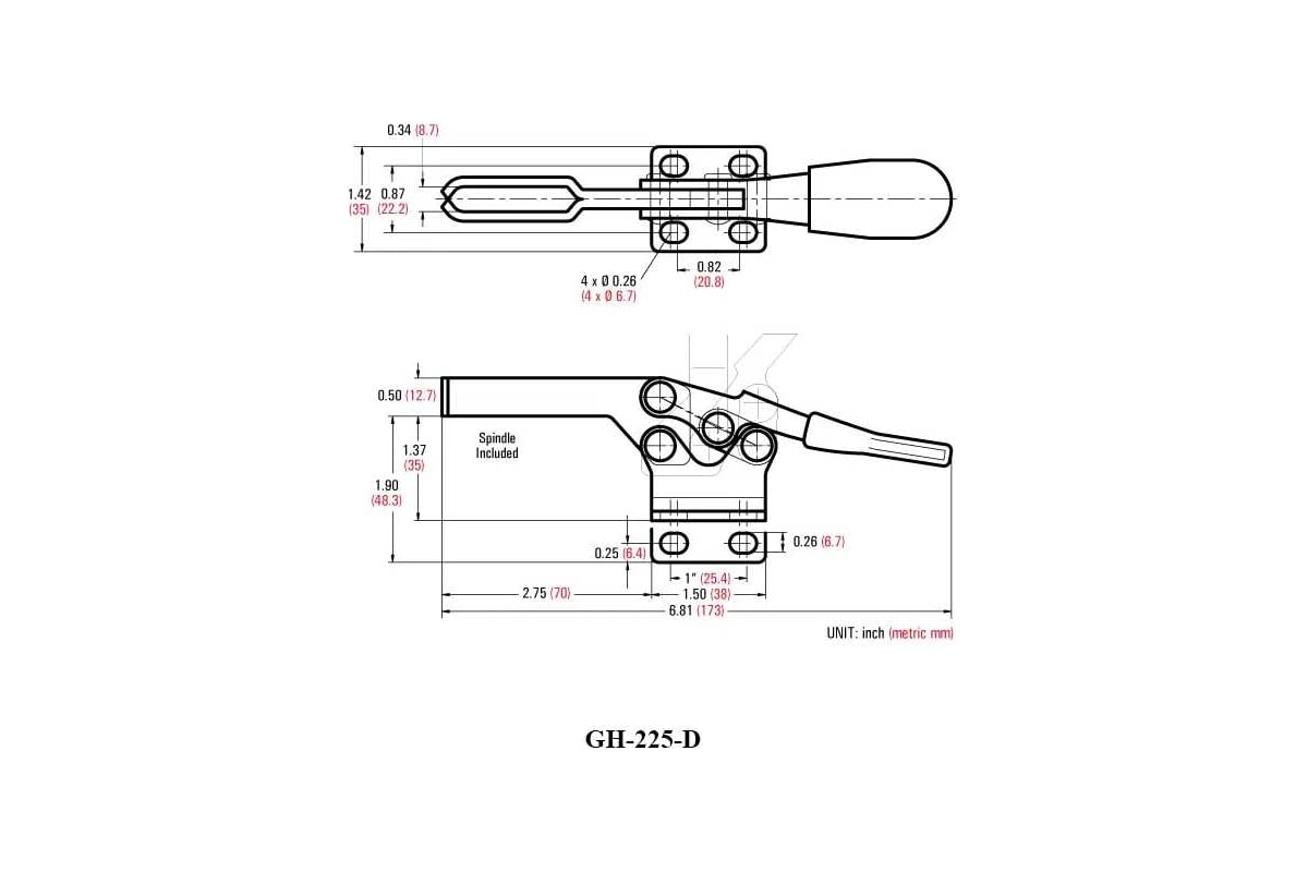 Механический зажим с горизонтальной ручкой, усилие 227кг WOODWORK GH-225-D