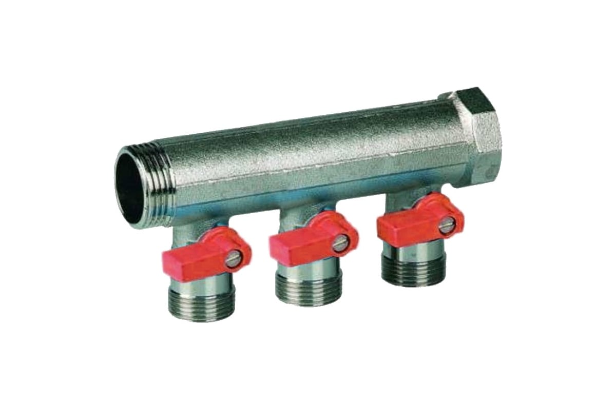 Коллектор с красными шаровыми кранами Henco 3/4"НР под евроконус, 3/4"-3xEK14,16,18,20 VB050503-ROOD