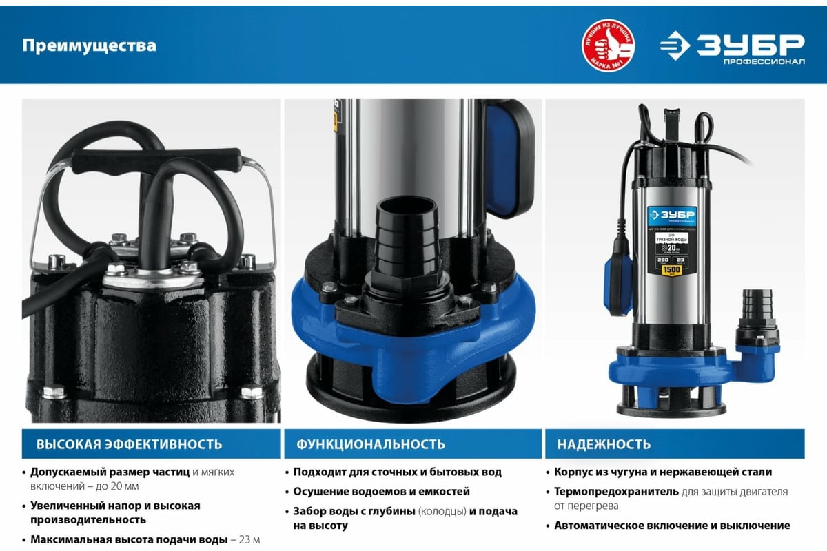 Дренажный насос с большим напором Зубр Профессионал НПГ-Т5-1500