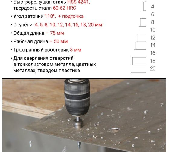 Ступенчатое сверло VIRA по металлу 4-20 мм 551420