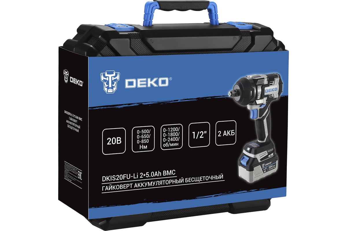 Аккумуляторный бесщеточный гайковерт Deko DKIS20FU-Li 20 В, 2х5.0 Ач, 850 Нм, в кейсе 063-4433