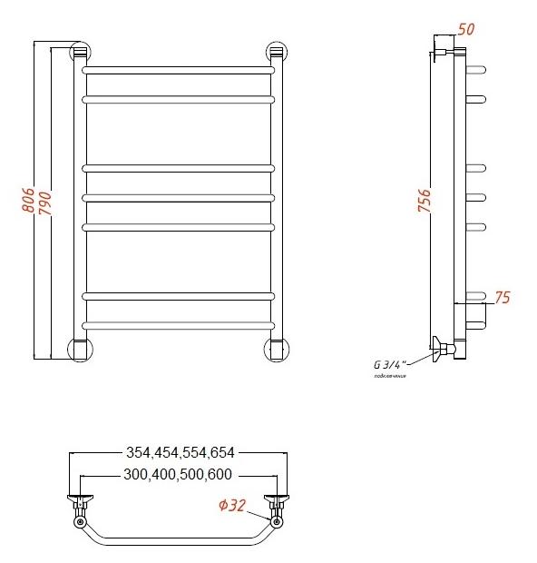 Полотенцесушитель водяной Aquanet Fiona(г) 30x80 см, 7 секций