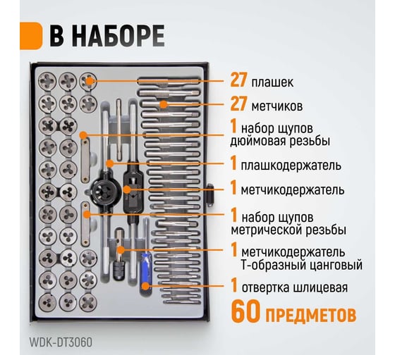 Набор метчиков и плашек Wiederkraft М3-12 и 4-40 - 1/8NPT27, 60 предметов WDK-DT3060