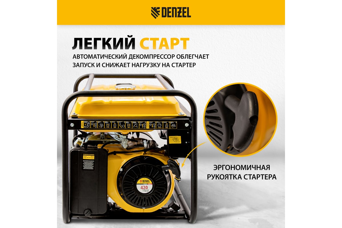 Бензиновый генератор 6,5 кВт, 220В/50Гц, 25 л Denzel GE 7900 94638