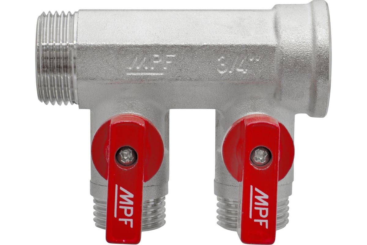 Коллектор с отсекающими кранами MPF 2 выхода х3/4", х1/2" наружная резьба ИС.071071