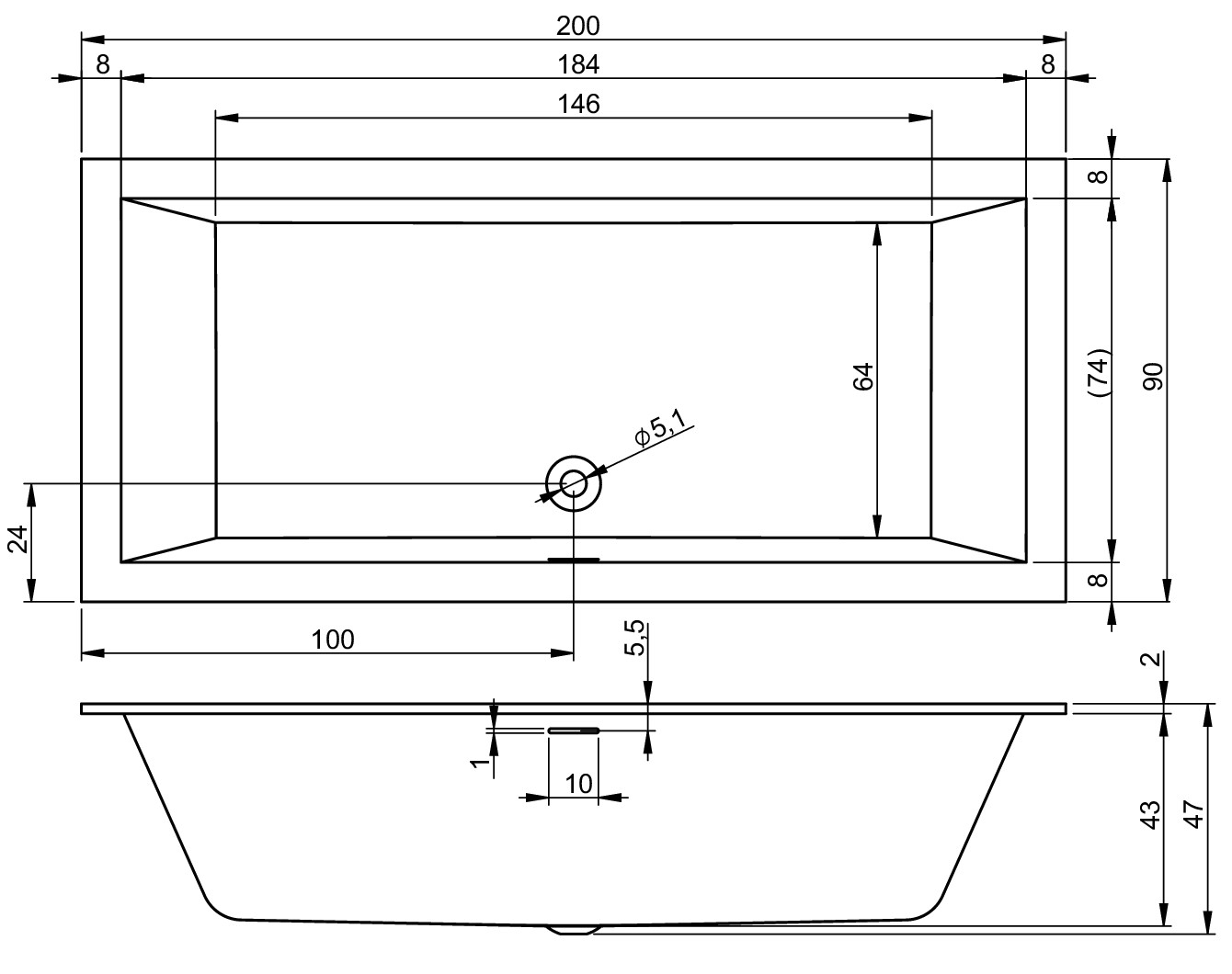 Акриловая ванна Riho Rethink Cubic B110013005 200x90 с функцией Riho Fall