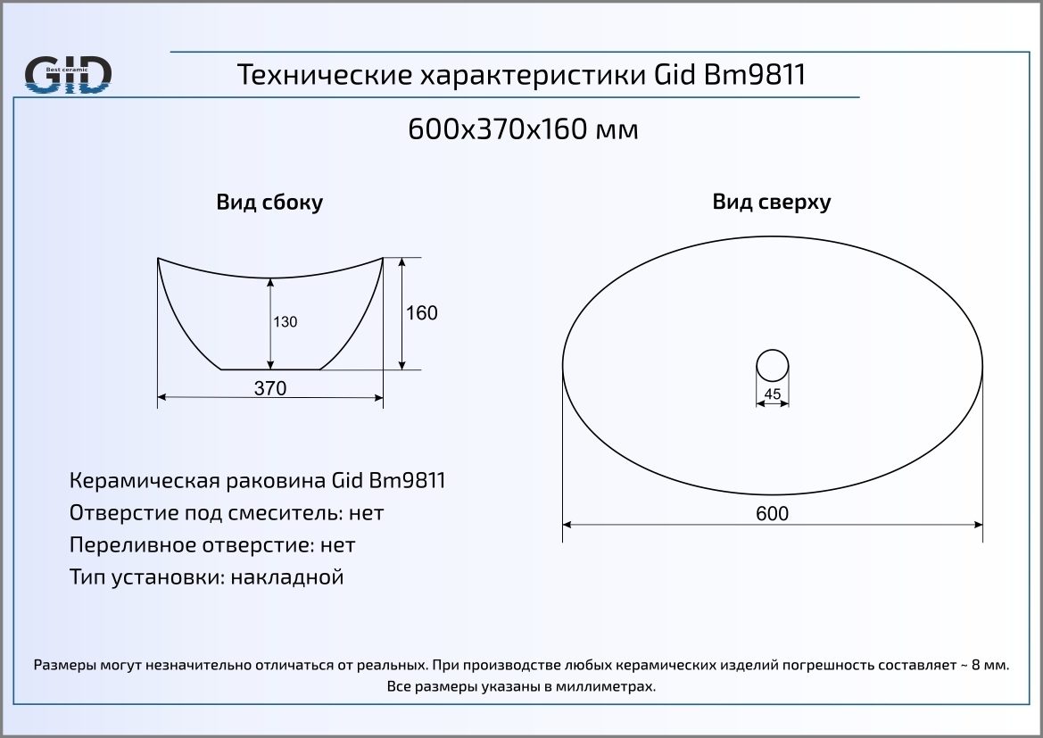 Раковина Gid Color Edition Bm9811 61 см черный матовый