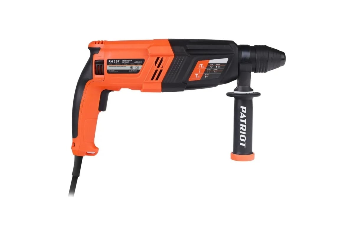 Перфоратор Patriot RH 287 SDS+, мощность 1065 Вт, 3.2 Дж, 3 режима работы, макс.диаметр 28 мм, набор буров и долот, глубиномер, кейс 140301329