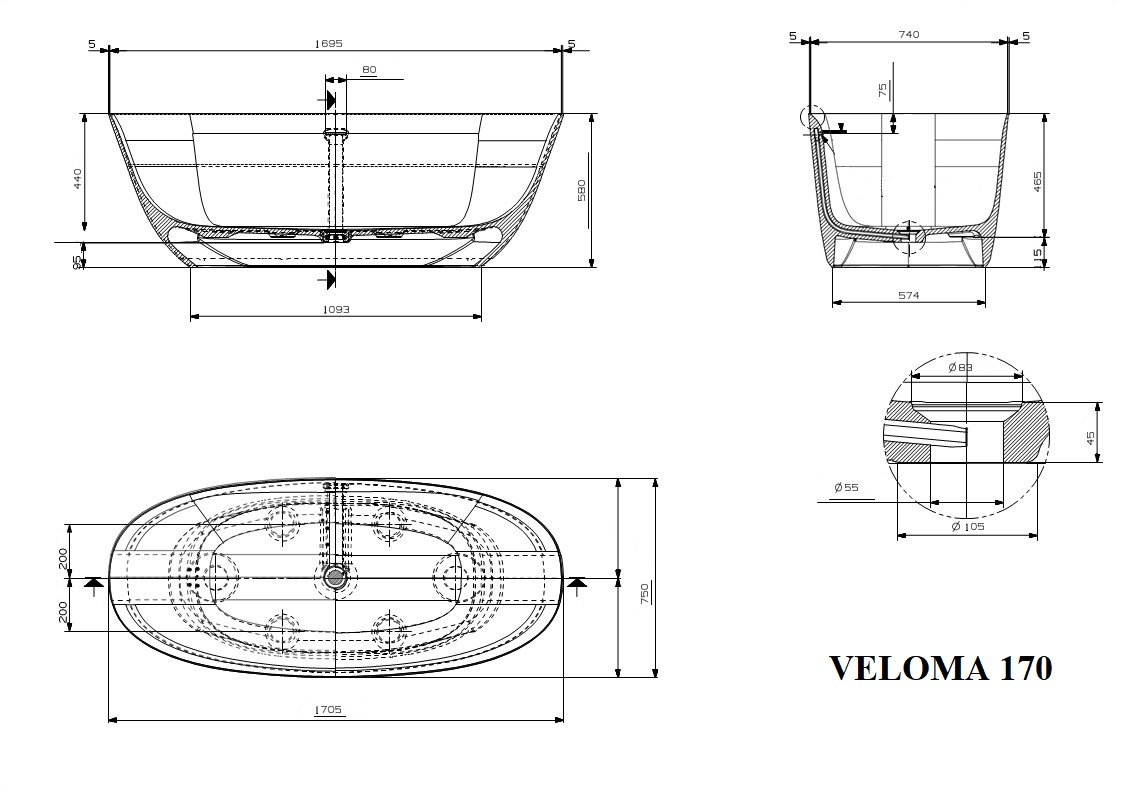 Ванна из искусственного камня Plumberia Selection Veloma 170BN 170x75 см белый матовый/черный