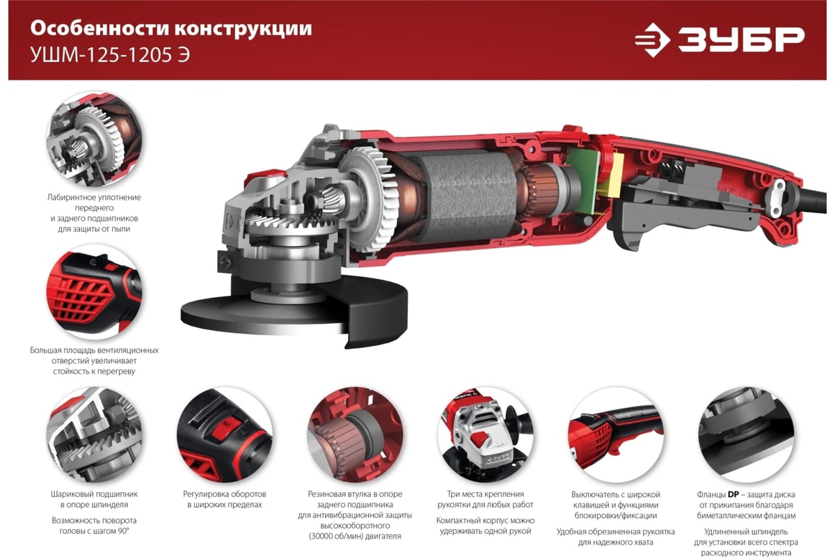 Угловая шлифовальная машина Зубр 125 мм, 1200 Вт УШМ-125-1205 Э