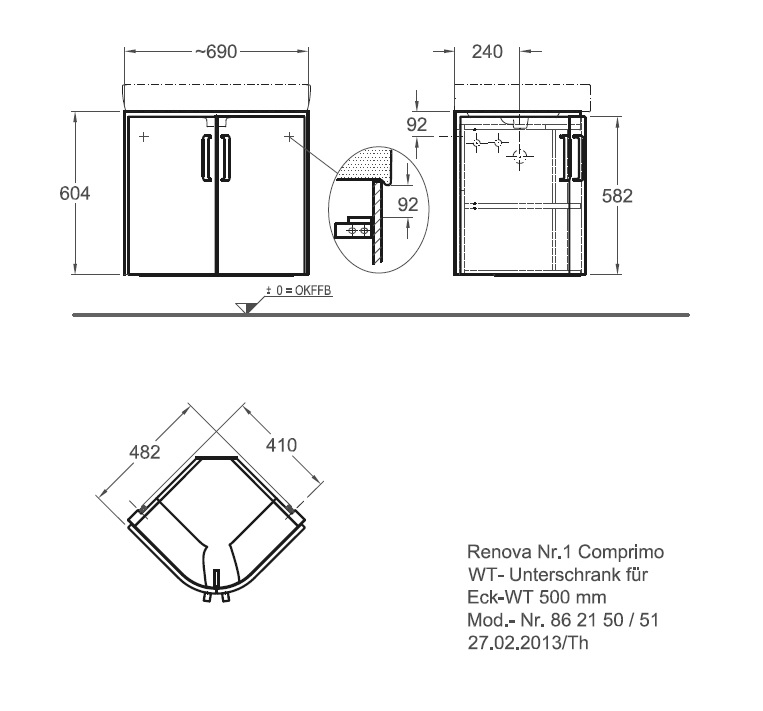 Тумба с раковиной Geberit Renova Compact 69 см угловая