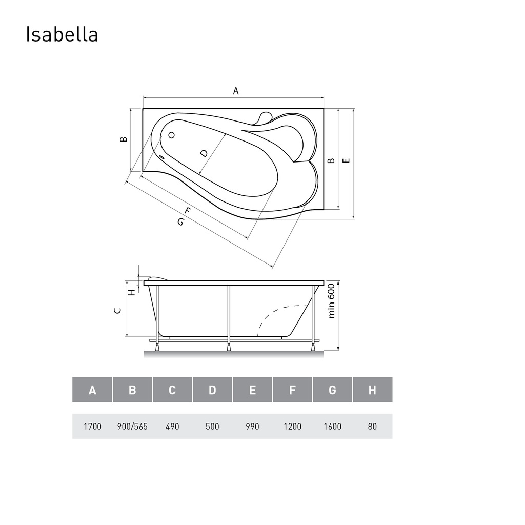 Акриловая ванна Relisan Isabella 170x90 см L/R