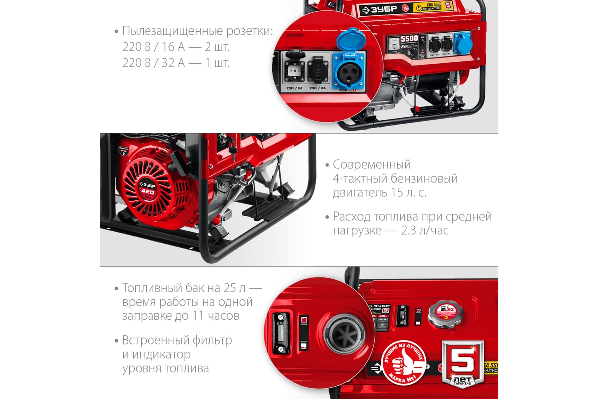 Бензиновый генератор с автозапуском Зубр 5500 Вт СБА-5500