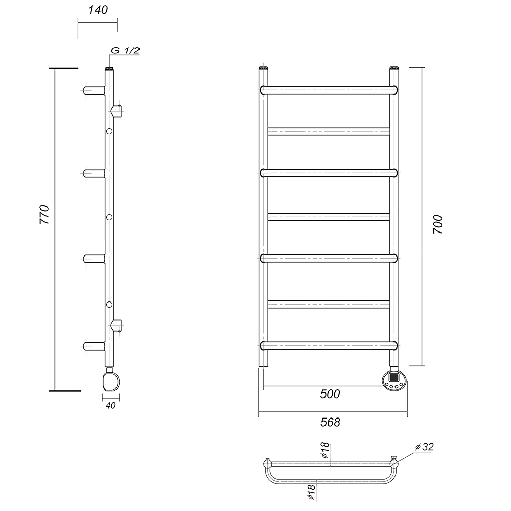 Полотенцесушитель электрический Domoterm Орфей П7 500x700 ER, ТЭН справа, хром