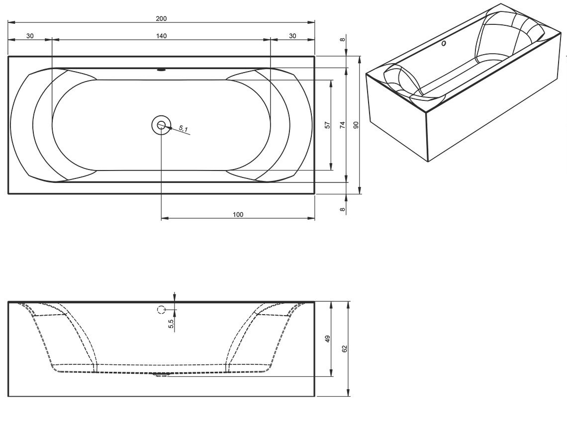 Акриловая ванна Riho Linares Plug&Play 200x90 R с монолитной панелью