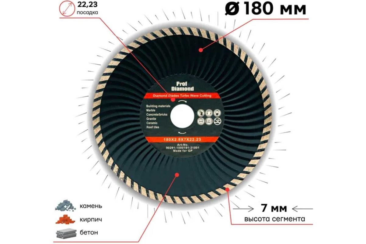 Диск алмазный отрезной сплошной турбо-волна по бетону и камню Prof Diamond 180x22.2/7x2.8мм TORGWIN S83230