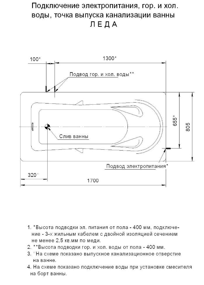 Акриловая ванна Aquatek Леда 170х80 см