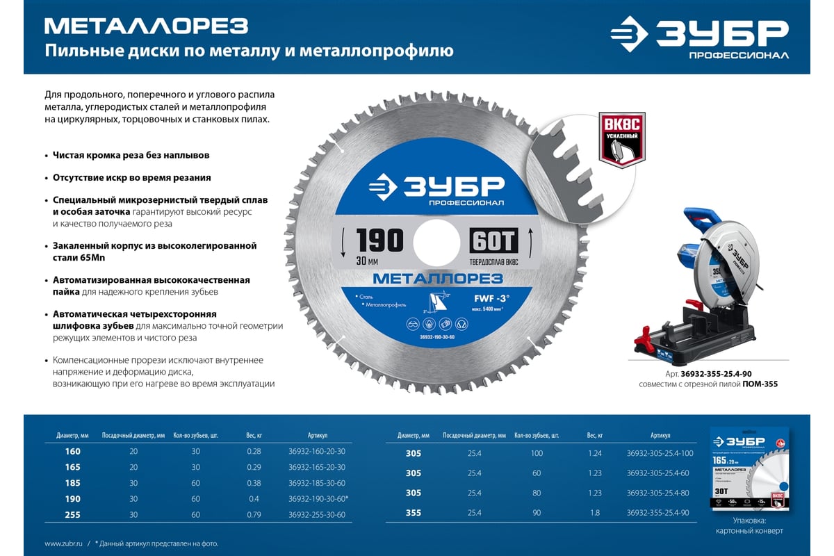 Диск пильный по металлу и металлопрофилю Зубр Металлорез 190x30 мм, 60Т 36932-190-30-60