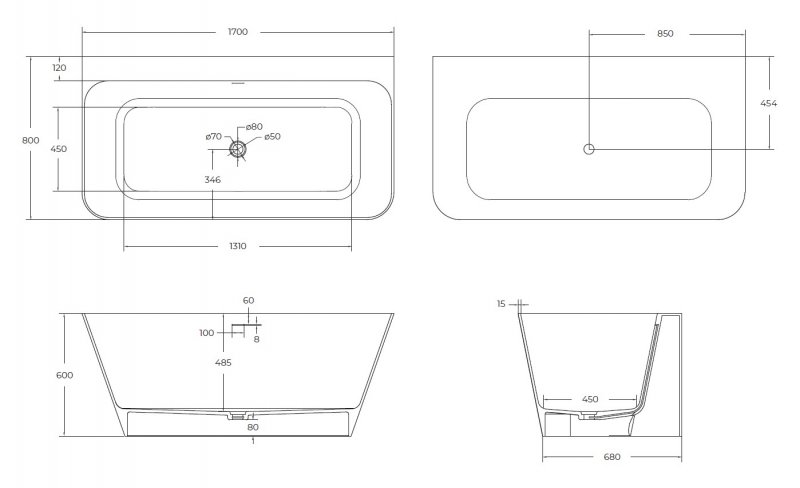 Ванна из искусственного камня Cezares Liner 170x80 см белый матовый CZR-LINER-170-80-60-SSB