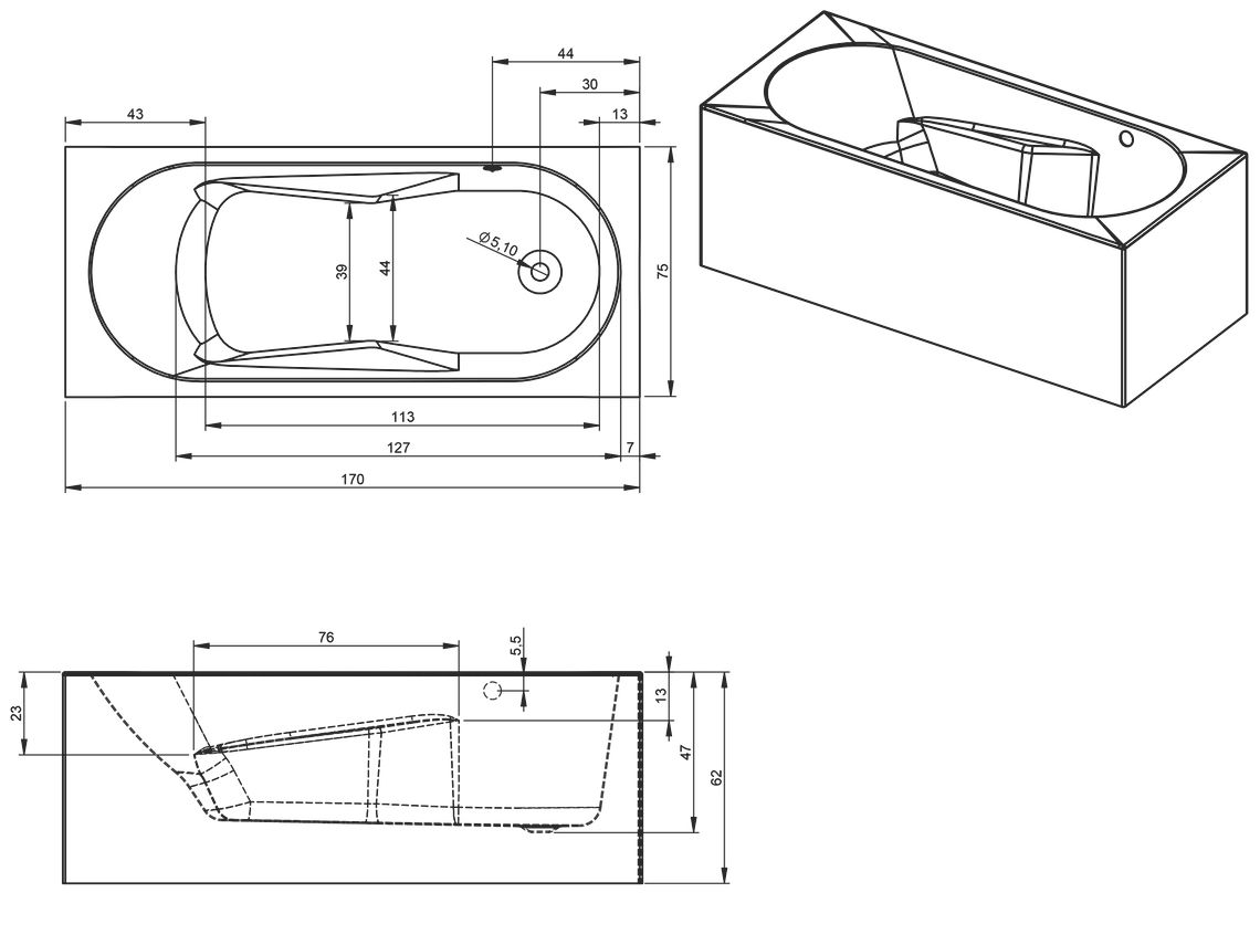 Акриловая ванна Riho Lazy Plug & Play 170x75 см L, с монолитной панелью