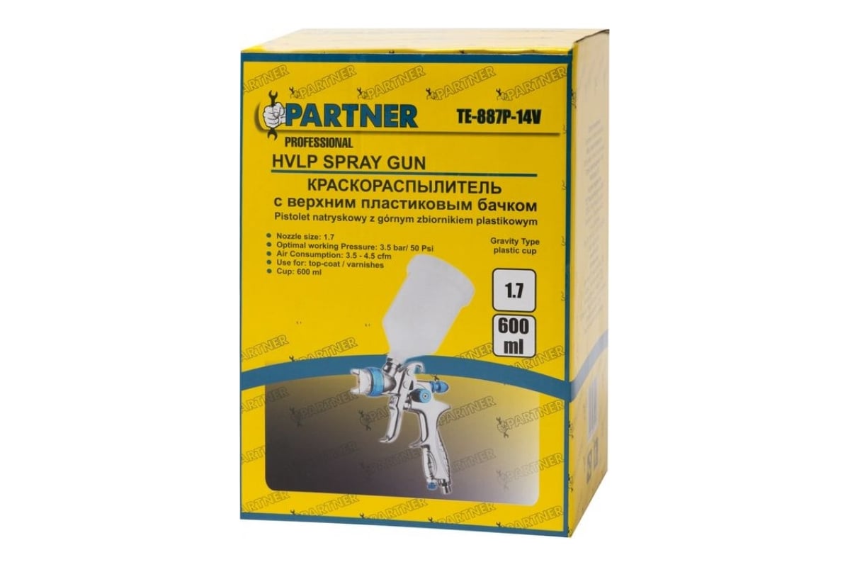 Краскораспылитель Partner с верхним пластиковым бачком 600 мл, 1.7 мм, 3.5 bar, 100-128 л/мин, присоединительная резьба 1/4, штуцер H-887P-14V(18502)