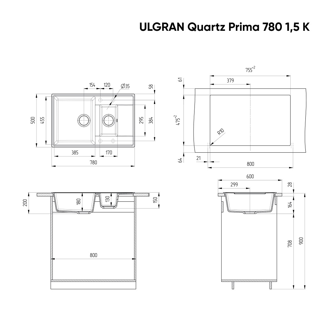 Кухонная мойка Ulgran Quartz Prima 780 1,5 K-03 78 см десерт