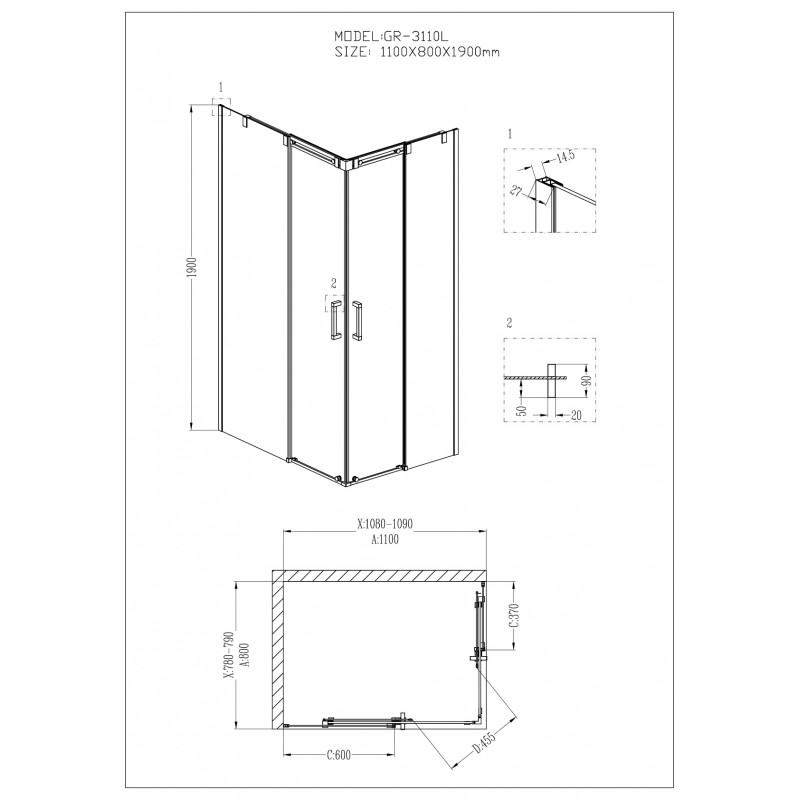 Душевой уголок Grossman Galaxy GR-3110L 110x80 прямоугольный, левый