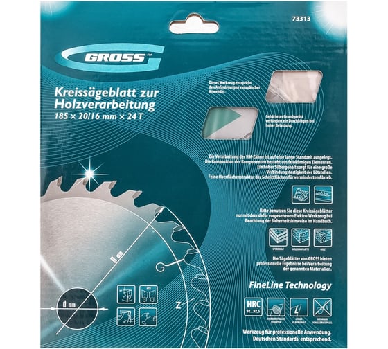 Пильный диск по дереву 185x20/16 мм, 24Т Gross 73313