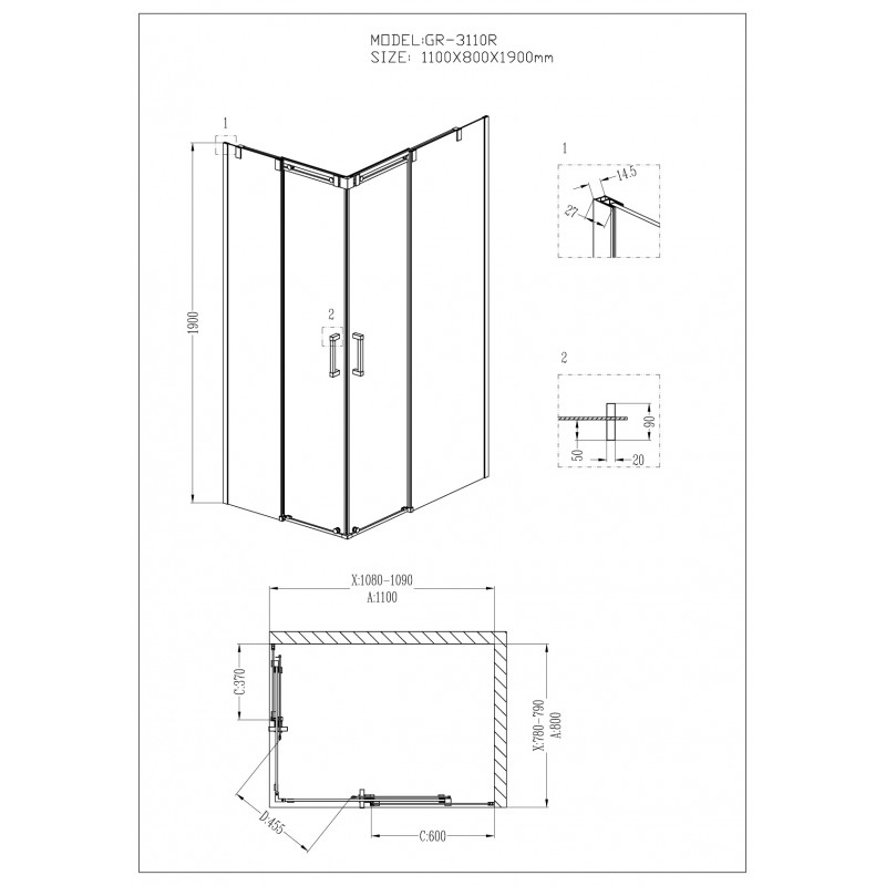 Душевой уголок Grossman Galaxy GR-3110R 110x80 прямоугольный, правый