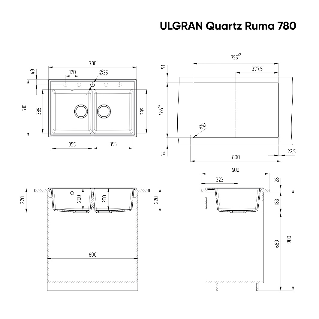 Кухонная мойка Ulgran Quartz Ruma 780-08 78 см космос