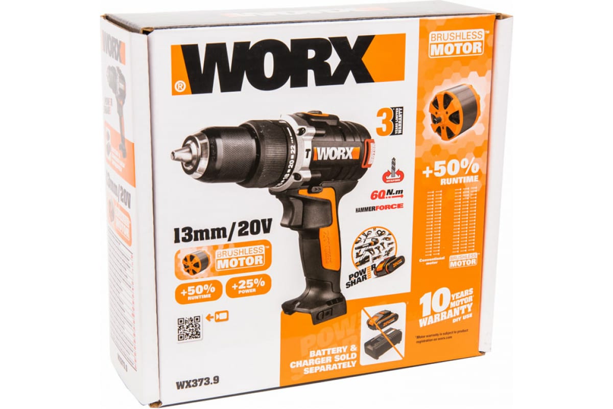 Ударная аккумуляторная бесщеточная дрель-шуруповерт Worx WX373.9