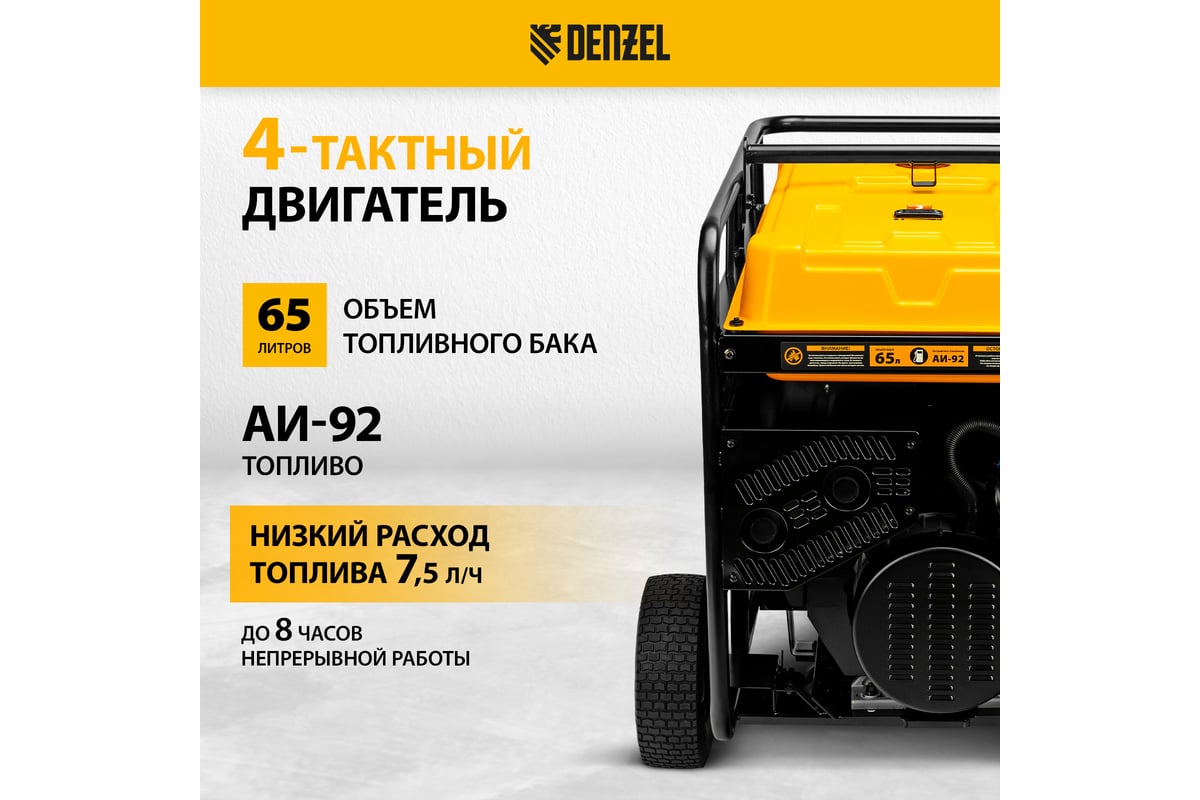 Бензиновый генератор Denzel PS-180EAD-3 18 кВт, 230/400 В, 65 л, разъём ATS, переключение режима, электростартер 946994