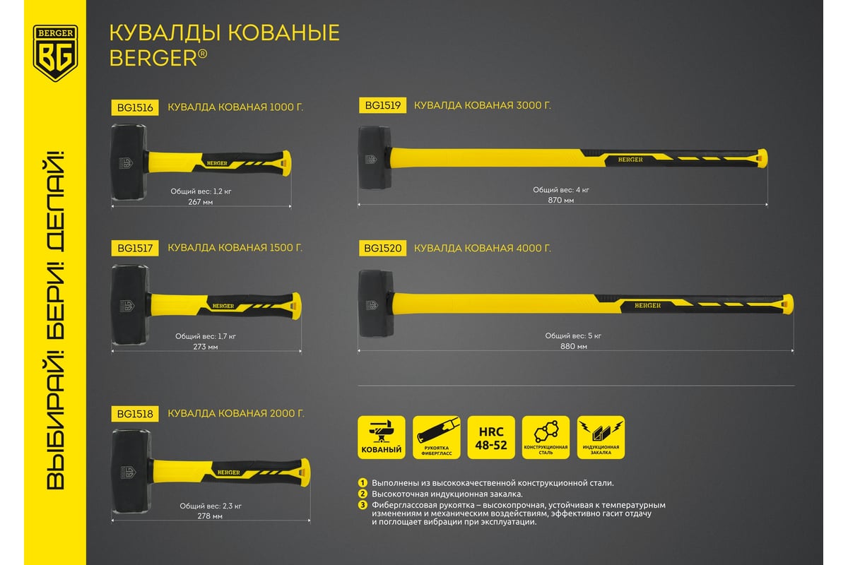 Кованая кувалда Berger BG 1500 г., фиберглассовая рукоятка BG1517