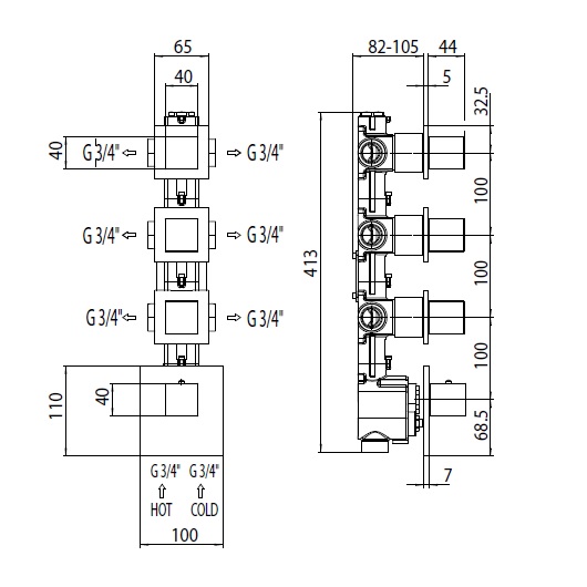 Скрытая часть смесителя Bossini Oki/Cube Z030273000 термостат, на 6 выходов с девиатором