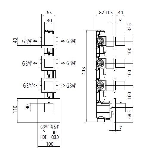 Скрытая часть смесителя Bossini Oki/Cube Z030273000 термостат, на 6 выходов с девиатором