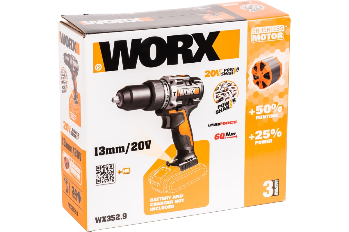 Ударная аккумуляторная дрель-шуруповерт Worx 60 Нм, 20 В, бесщеточная, без АКБ и ЗУ WX352.9