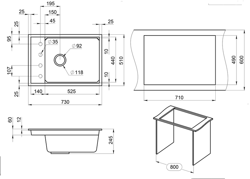 Кухонная мойка Granula Kitchen Space KS-7305 73 см шварц