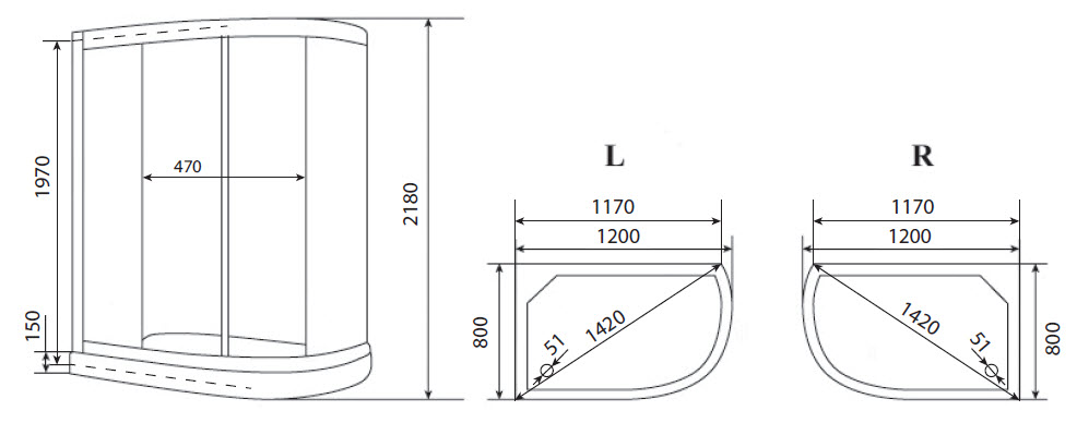 Душевая кабина Timo Eco TE-0702 Р 120x80 L, без г/м, рифленые стекла, белый