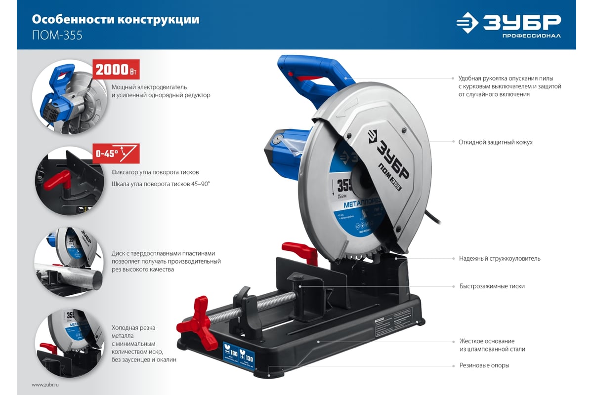 Отрезная пила Зубр Профессионал d 355 мм, 2000 Вт ПОМ-355
