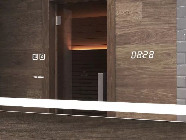 Зеркало для ванной с подсветкой, подогревом и часами