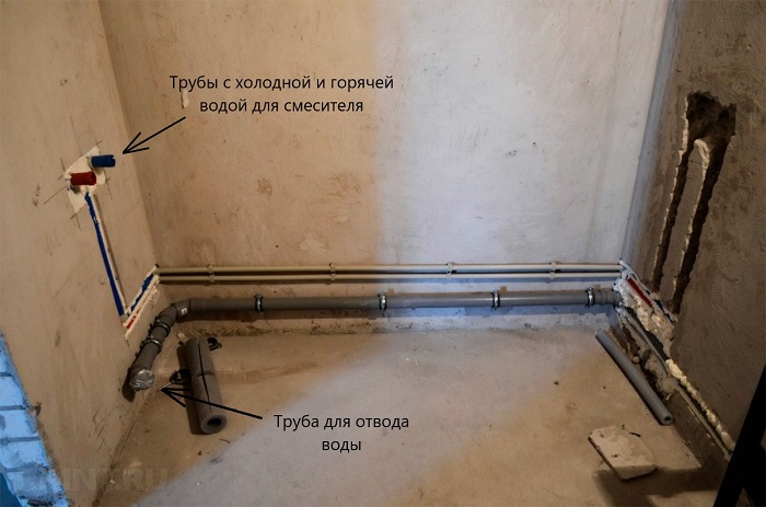 Пример разводки труб холодной и горячей воды для смесителя и отвод воды в канализацию