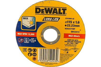 Круг отрезной 115x22.2x1.6 мм,тип 4 DeWalt DT43905