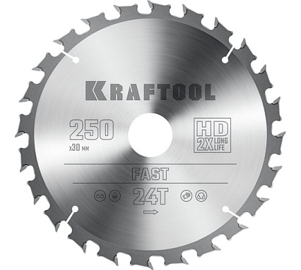Диск пильный по дереву Kraftool Fast 250x30 мм, 24Т 36950-250-30