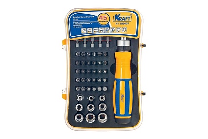 Реверсивная отвертка с битами и головками 45 предмета Kraft KT 700407