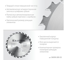 Диск пильный по дереву Kraftool Fast 200x32 мм, 24Т 36950-200-32