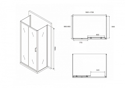 Душевой уголок Abber Schwarzer Diamant AG30170B-S90B-S90B 170x90 профиль черный (пристенный)