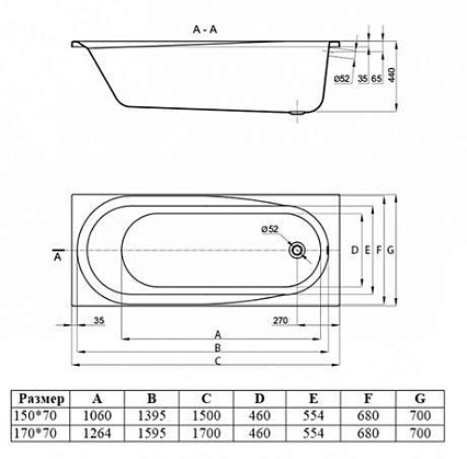 Акриловая ванна Vincea VBT-2B150-FR 150x70 с каркасом